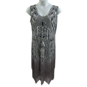 Metme XL Womens Flapper Dress Roaring 1920s Sequins Beaded Fringe Great Gatsby